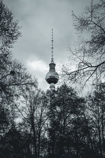 La Torre de Televisión de Alexanderplatz enmarcada por árboles todavía desnudos.