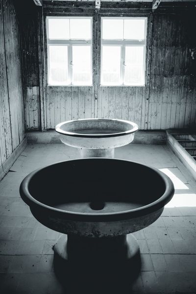 The circular basins of a barrack washroom, backlit.