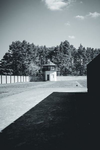 One of the towers on the perimeter wall, with the pine forest behind.
